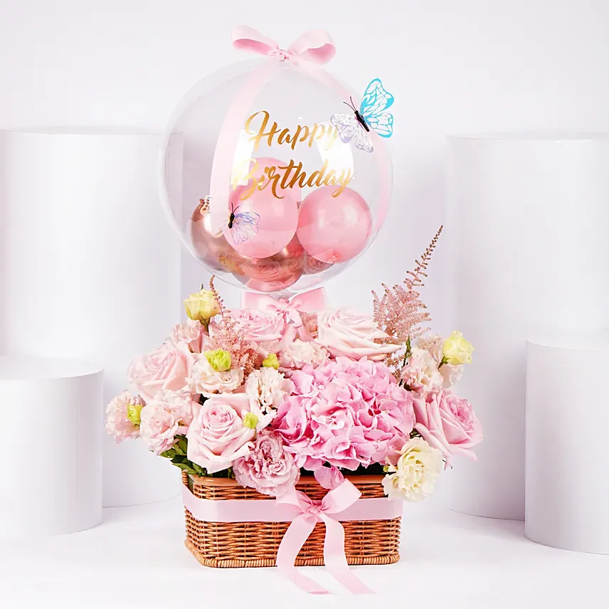 Pink Birthday Flower Basket With Balloon: Birthday Gifts