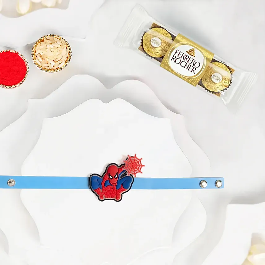 Spider Hero Rakhi With Ferrero Rocher 3 Pcs: Kids Rakhi
