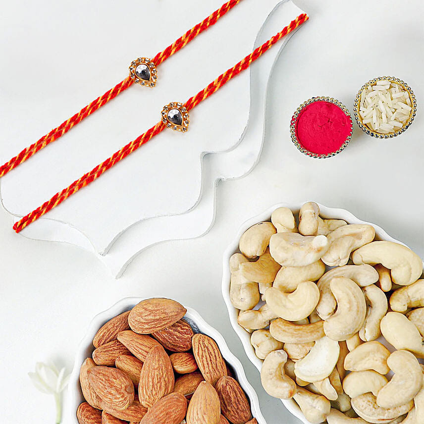 Sacred Mauli Rakhi Set Of 2 With Cashews And Almonds: Mauli Rakhi 