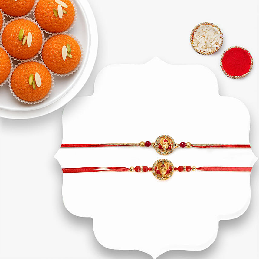 Ganesha Rakhi Set Of 2 With Motichoor Laddoo: 