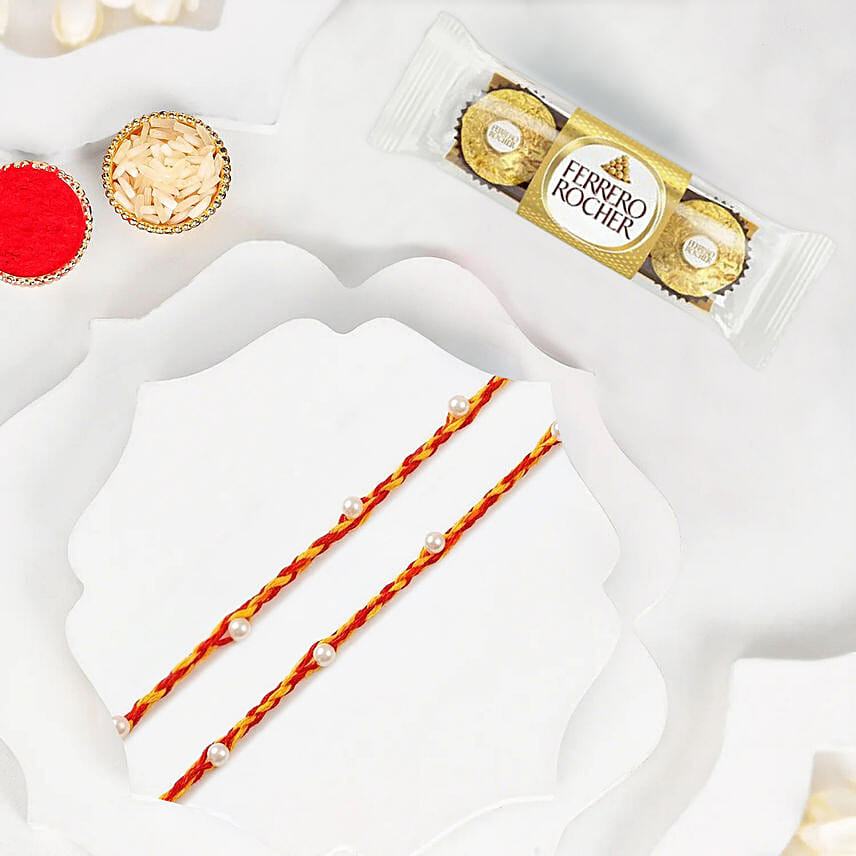 Premium Mauli Rakhi Set With Ferrero Rocher 3 Pcs: Mauli Rakhi