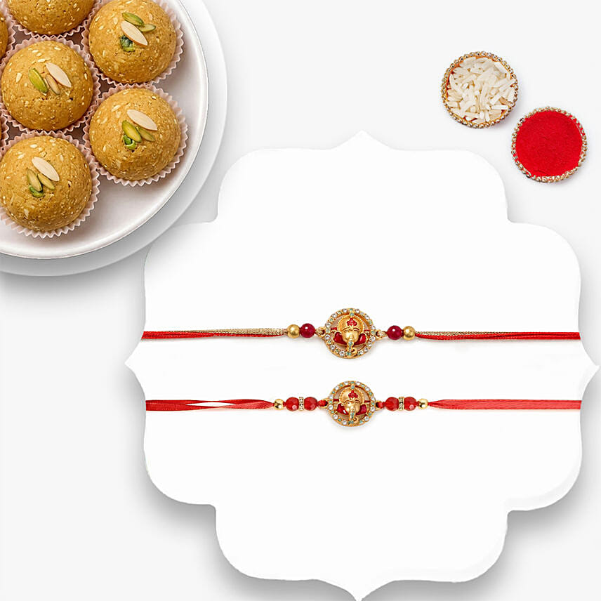 Ganesha Rakhi Set Of 2 With Besan Laddoo 250Gm: Set of 2 Rakhi 