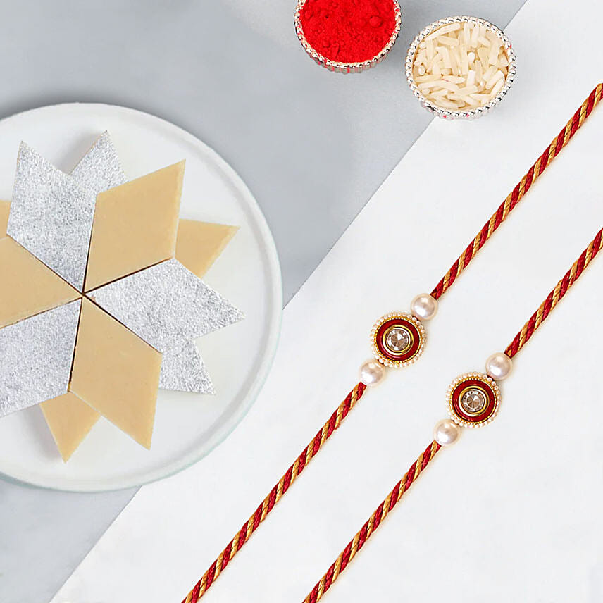 Classic Pearl Rakhi Set Of 2 With Kaju Katli: Set of 2 Rakhi