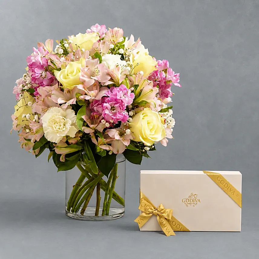 Exotic Blossoms & Godiva Chocolate Box: Anniversary Flowers and Chocolates