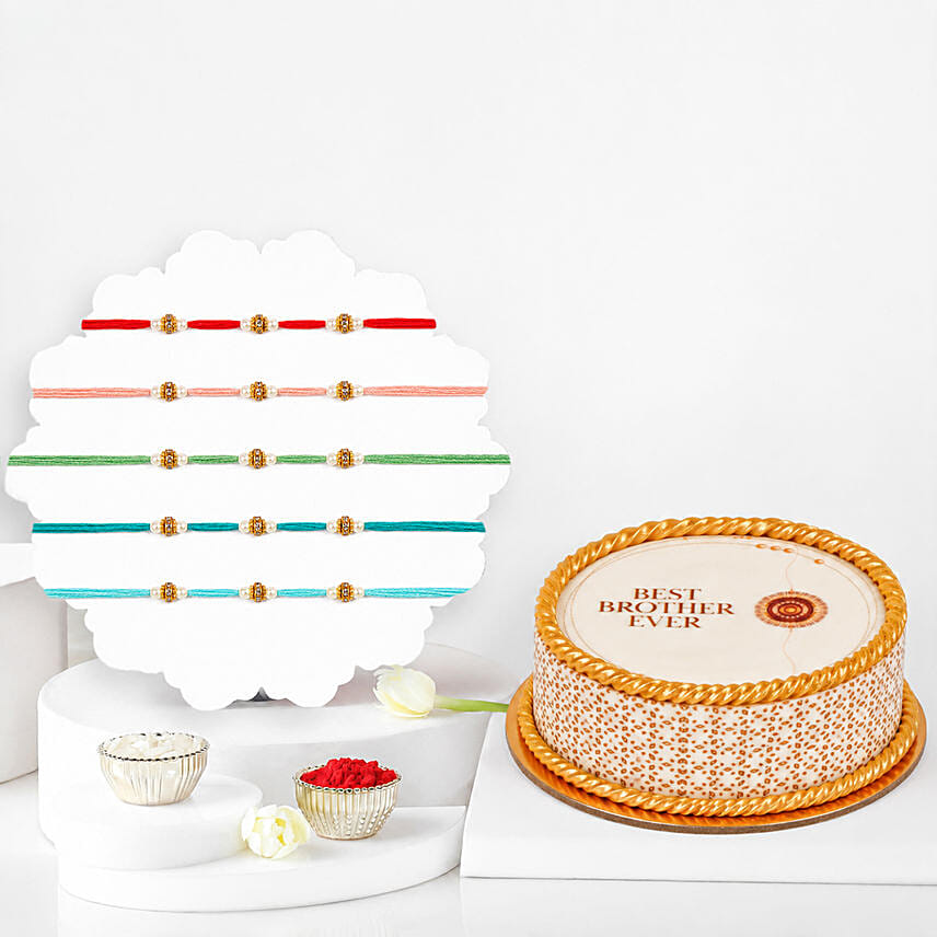 Pearl Beaded Rakhi Set Of 5 With Half Kg Chocolate Cake: Set of 4 Rakhi