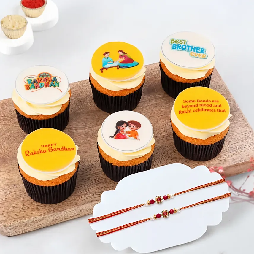 Red Pearl Rakhi Set Of 2 With 6 Raksha Bandhan Cupcakes: Set of 4 Rakhi