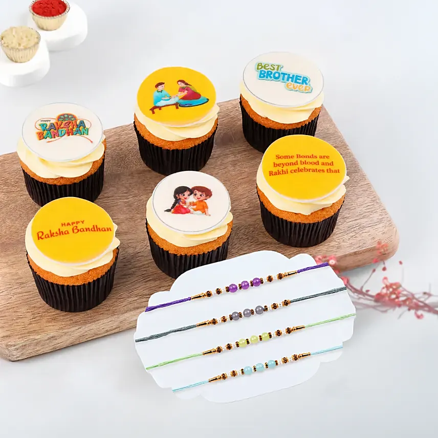 Beaded Rakhi Set Of 4 With 6 Raksha Bandhan Cupcakes: Set of 4 Rakhi