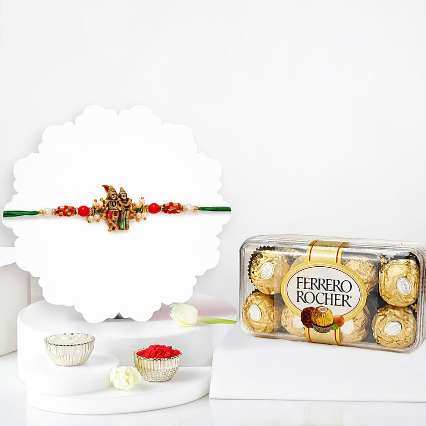Sneh Gold Radha Krishna Pearl Rakhi With Ferrero Rocher 16 Pcs: Single Rakhi
