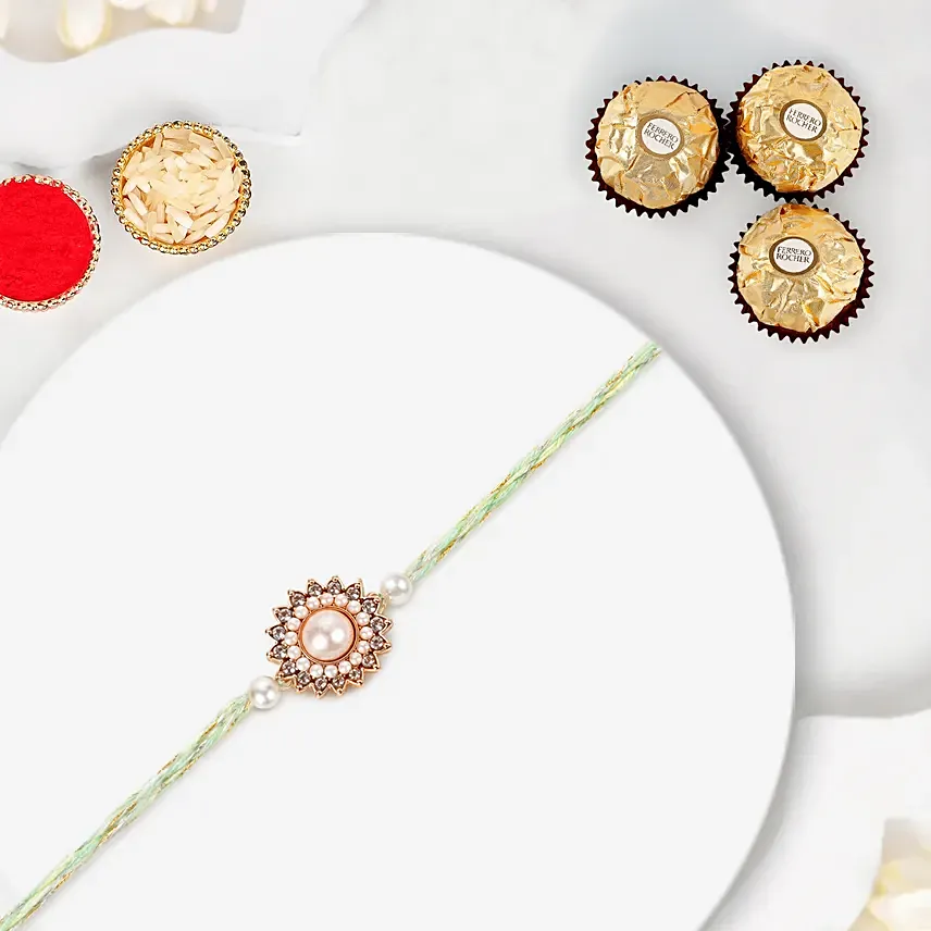 Gold Floral Pearl Rakhi With 3 Pcs Ferrero Rocher: Rakhi With Chocolates