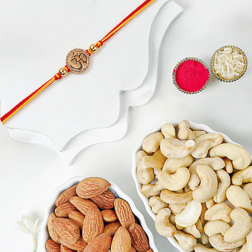 Gold Om Mauli Rakhi With Cashews And Almonds: Rakhi 