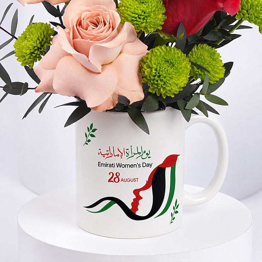 Emirati Womens Day Rose Mug Arrangement: Emirati Women's Day Gifts