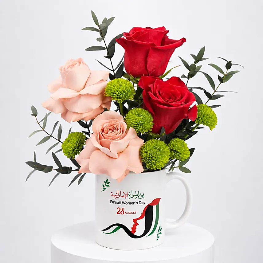 Emirati Womens Day Rose Mug Arrangement: Emirati Women's Day Gifts