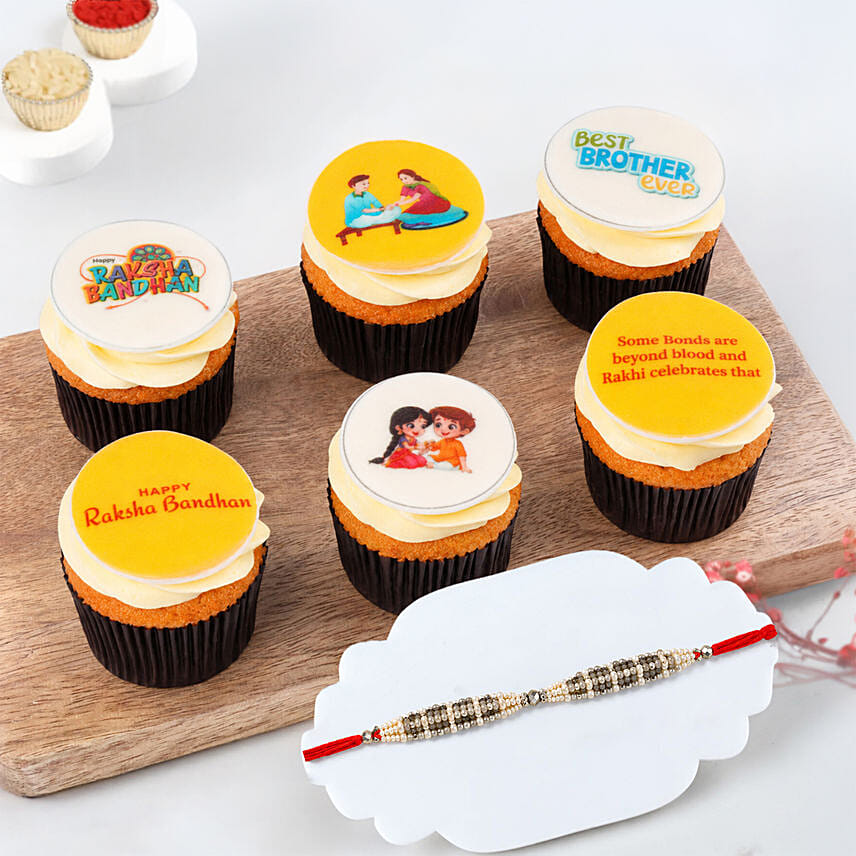 Beaded Rakhi With 6 Raksha Bandhan Cupcakes: Rakhi to Al Ain