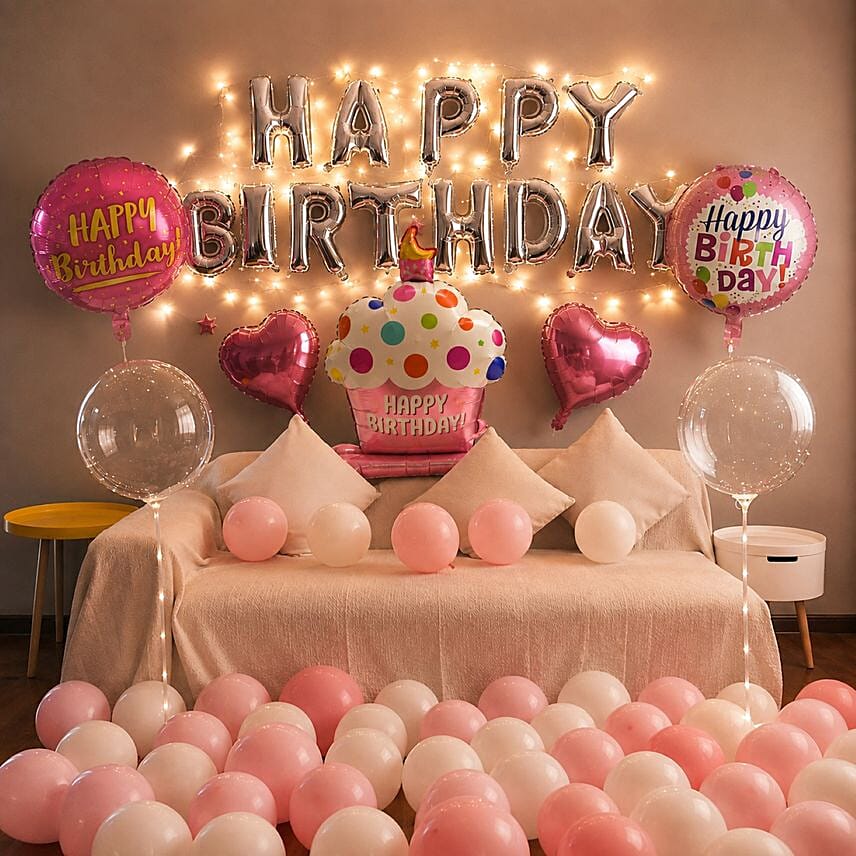 Happy Birthday Pink Theme Balloons Decoration: Helium Balloons Delivery