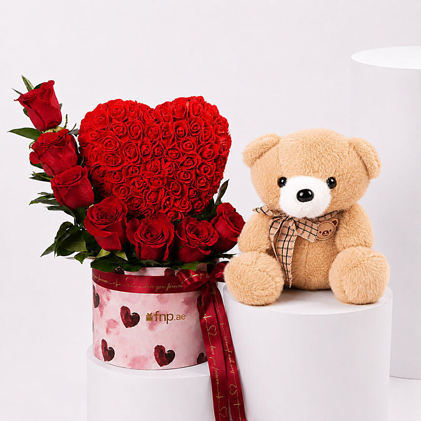 Valentines Heart Roses With Teddy: Valentines Day Gift Set