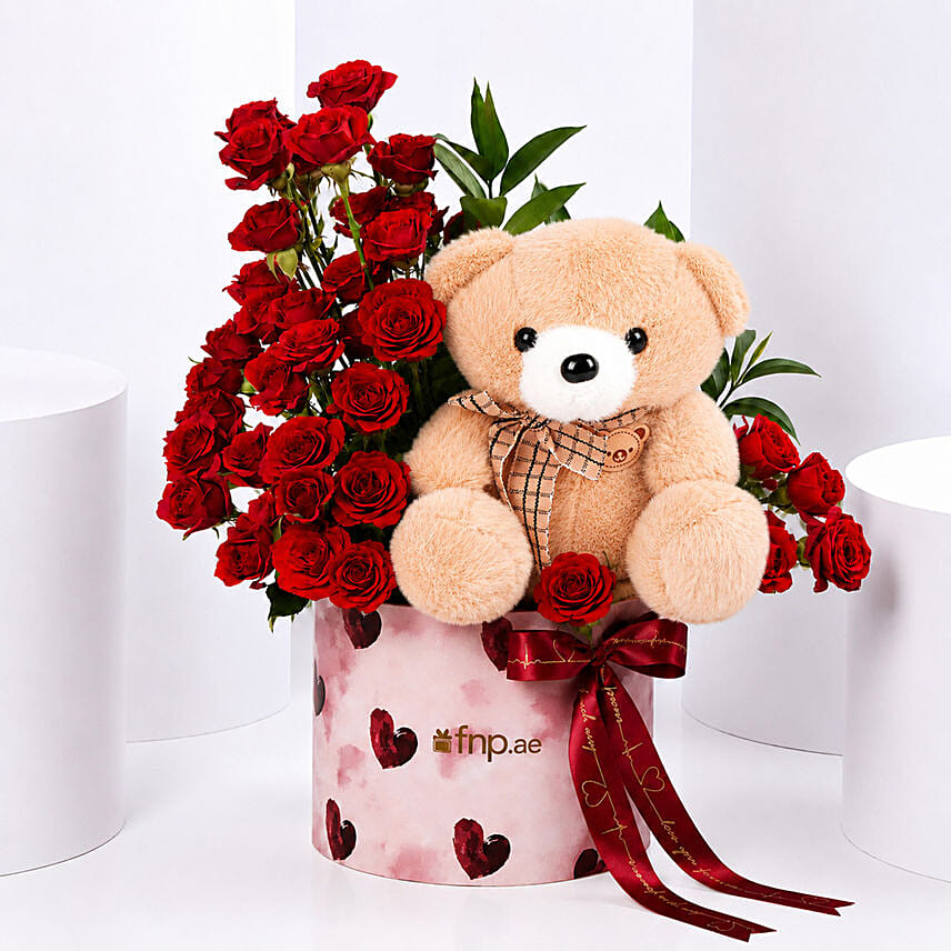 Valentines Red Rose Floral Box with Teddy Bear: Valentine's Day Gifts