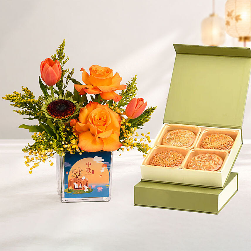 Happy Mid Autumn Festival Flower and Moon Cake: 