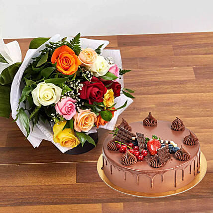 Dozen Multi Roses With Fudge Cake: Send Flowers to Lebanon