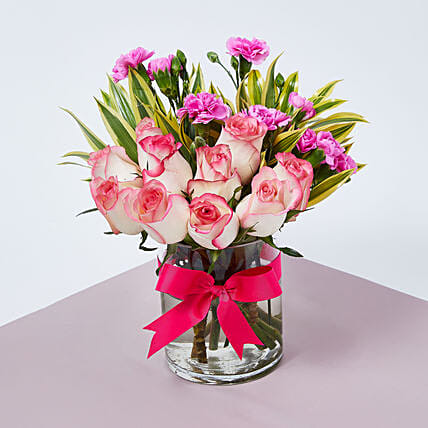 Dual Shade Roses And Carnations In Vase: Mothers Day Gifts in Lebanon