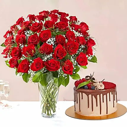 1 Kg Chocolaty Red Velvet Cake With 50 Roses Arrangement: Flowers & Cakes