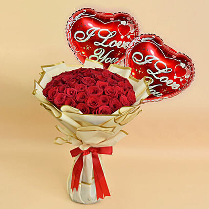 50 Love Roses Bouquet And Balloons: Teddy Day Flowers 