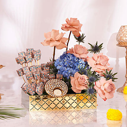 Anand Diwali Celebration Tray: Flowers With Sweets 