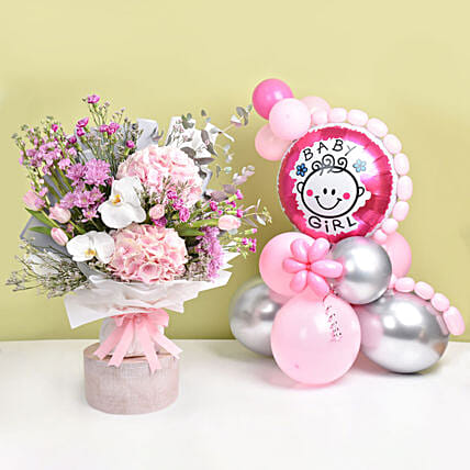 هدايا المولود الجديد بنت كومبو بالونات لون وردي مع باقة ورود: هدايا الهيدرانجيا اونلاين