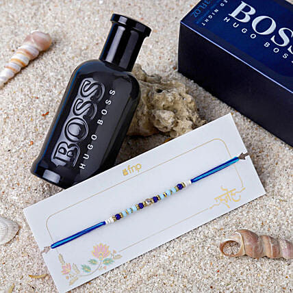Beads of Bond Blue Rakhi N Hugo Boss Perfumes: Pearl Rakhi
