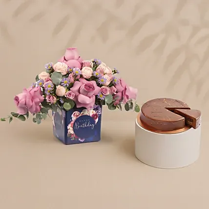 Birthday Roses Arrangement With Dubai Cake: 