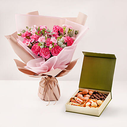 Birthday Wish Carnation Bouquet And Treat Box: Pink Flower Bouquets