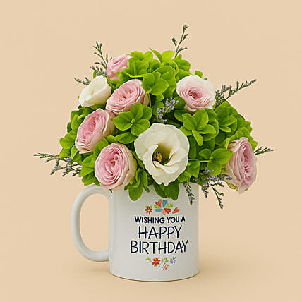 Birthday Wishes Floral Mug Arrangement: Birthday Flower Arrangements
