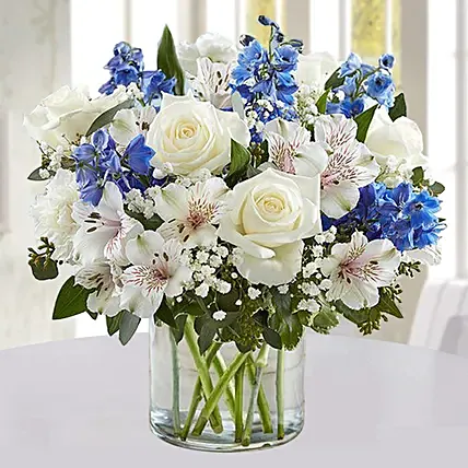 Blue and White Floral Bunch In Glass Vase: Flowers for Him