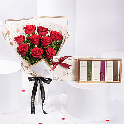 Bouquet of 9 Red Roses With Dubai Chocolates for Valentines: Flowers and Chocolates