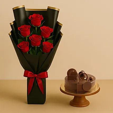 Chocolate Cake with Fresh Red Roses: Anniversary Flowers and Cakes