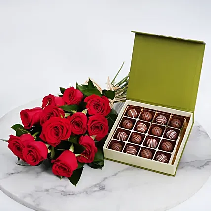 Chocolates and Hand Tied Red Rose Bouquet: Flowers and Chocolates