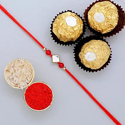 Designer Round Rakhi And 3 Pcs Ferrero Rocher: Rakhi With Chocolates