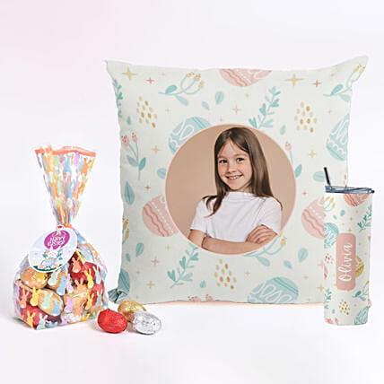 كومبو وسادة مع قارورة مخصصة و شوكولاتة: 