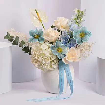 Elegant Blue and White Flower Arrangement in Ceramic Vase: Rose Bouquets