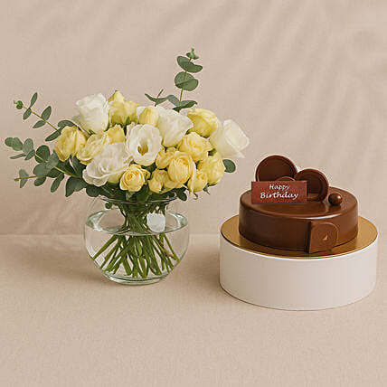 Elegant Rose And Lisianthus Bloom Bowl With Decadent Fudge Cake: Birthday Flowers