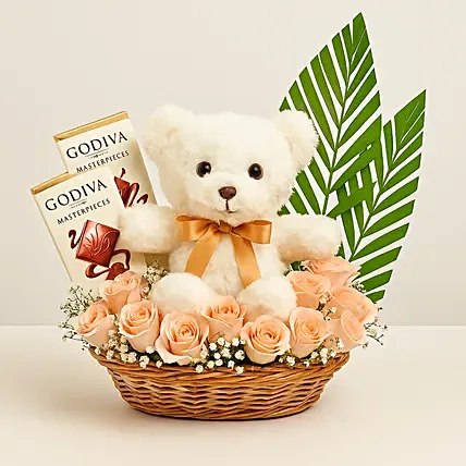 Exquisite Surprise Arrangement with Godiva Chocolates: Flowers and Teddy bear for Birthday