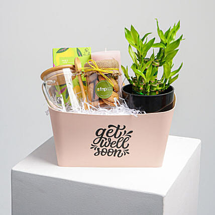 سلة هدية تحتوي على شاي صحي وكاس وكوكيز ونبتة البامبو: هدايا دعاء بالشفاء 