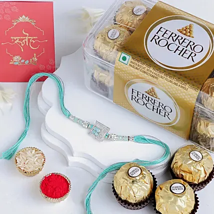 Imperial American Diamond Rakhi N Ferrero Rocher 16 Pcs: Rakhi With Chocolates 