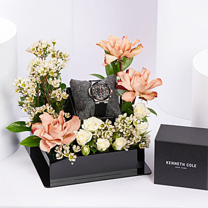 باقة ورد مع ساعة كينيث كول رياضية فاخرة للرجال: ساعات رجالي