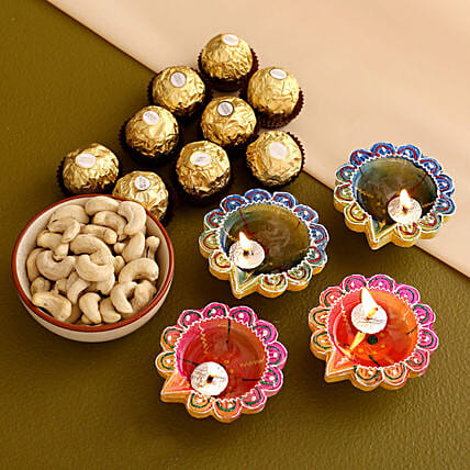 Multi Color Diyas With Kaju and Rocher: Diwali Diya