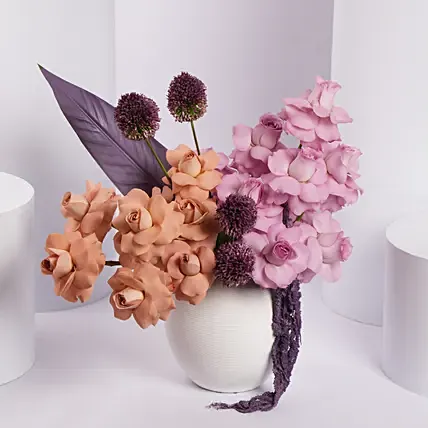 Peach and Lavender Flower Arrangement in White Vase: Premium Flowers