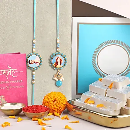 Personalised Floral Bhaiya Bhabhi Rakhi Set N Kaju katli: 