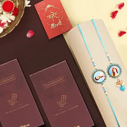 Personalised Floral Bhaiya Bhabhi Rakhi Set N Milk Chocolates: Rakhi With Chocolates
