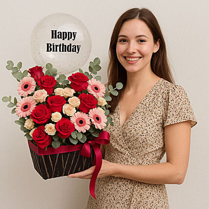 Birthday Balloon & Flower Basket: Pink Flower Bouquets