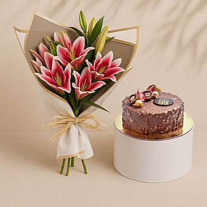 Pink Lilies Elegance Bouquet With Rocher Cake: 