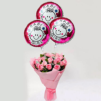 Pink Roses Bouquet with Balloons: New Born Gifts